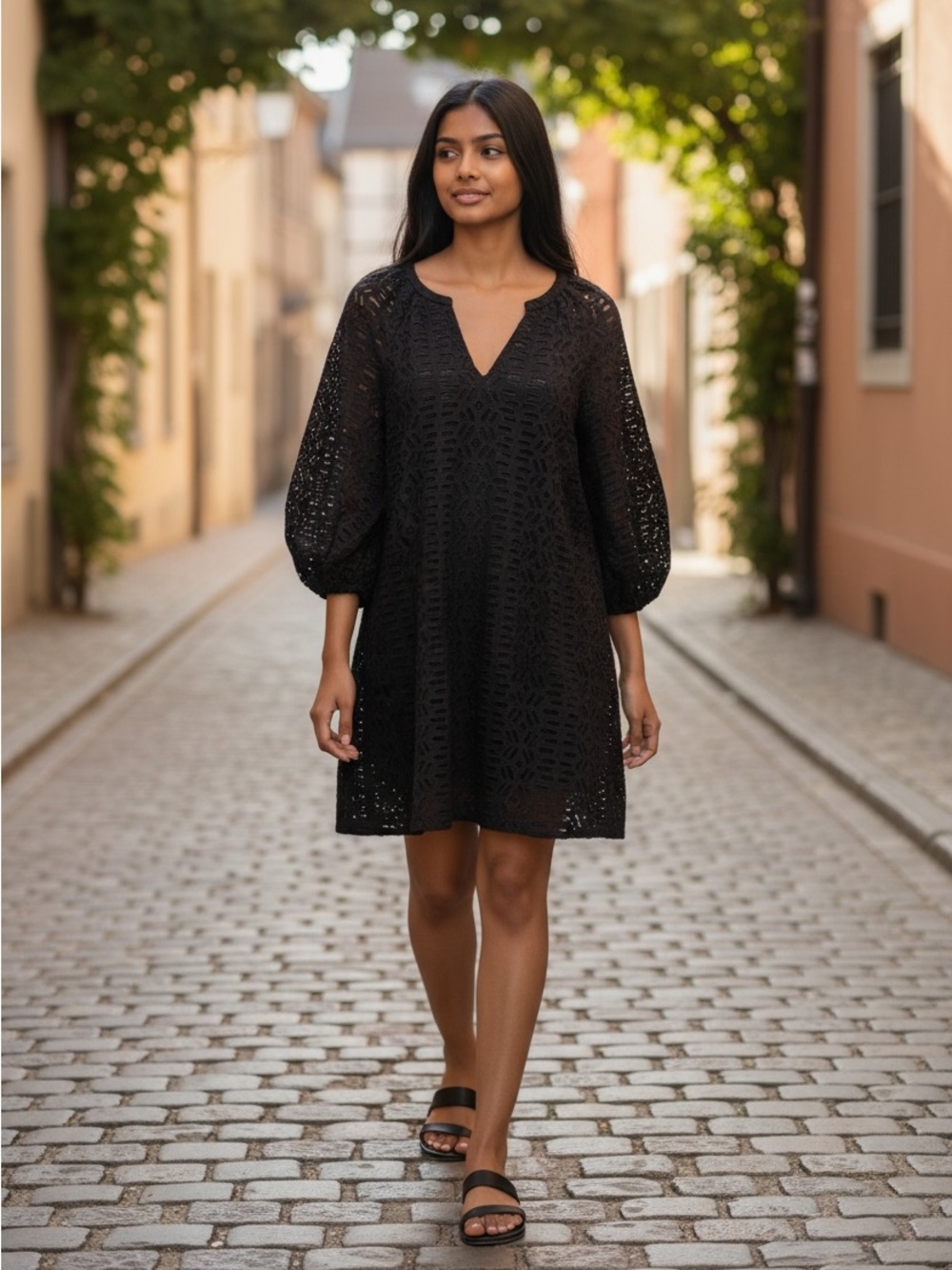 Club Monaco Black Eyelet Lace Dress XS NWT Puff Sleeve Boho Chic